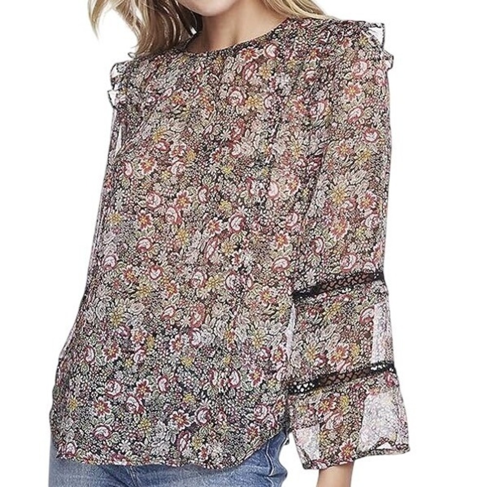 1.STATE Black Pink Floral Sheer Lace Ruffle Blouse Size Large Boho Cottagecore‎